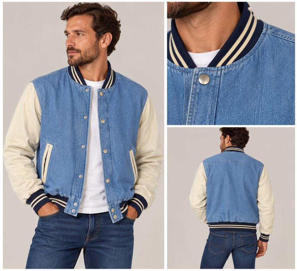 Vintage Outlooks Denim Varsity Jacket Mens L Blue Tan Bomber 90s Cotton